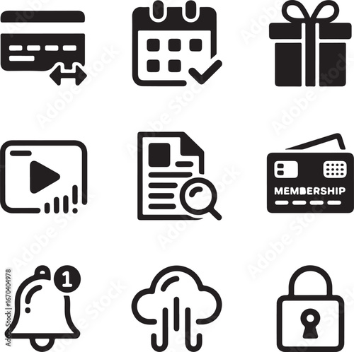Set of icons representing financial transactions online services and security measures