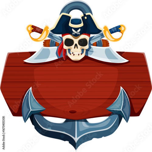 Caribbean pirates game, skull in corsair captain tricorne hat and anchor, vector cartoon icon. Caribbean pirates adventure game skeleton skull in bandana with crossed saber swords on wooden sign board