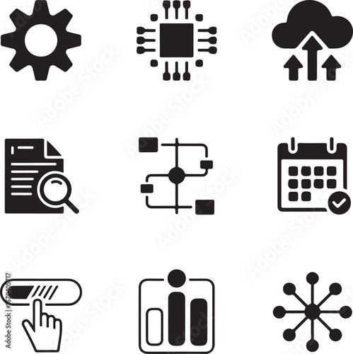 Set of Nine Black and White Icons Representing Technology and Business Concepts gear icon cogwheel