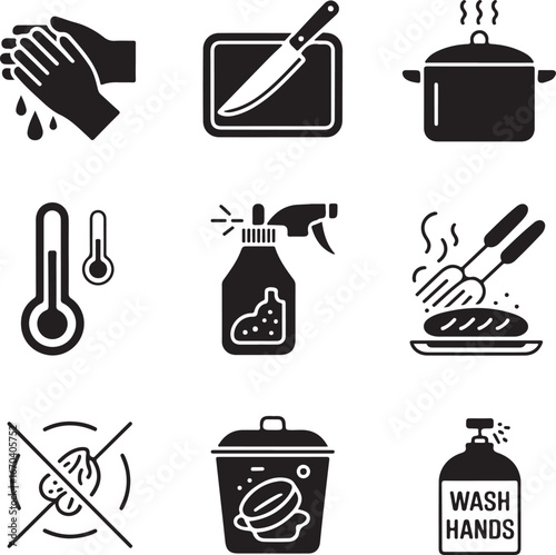 Set of nine black and white icons related to hygiene and cooking safety food preparation