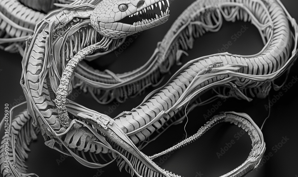 Obraz premium Monochrome Snake Skeleton Illustration in Detailed Close-up