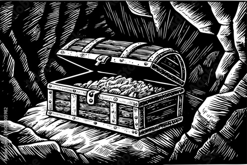 Frozen treasure chest trapped inside icy glacier with cracks showing shiny jewels and gold, dramatic black and white sketch