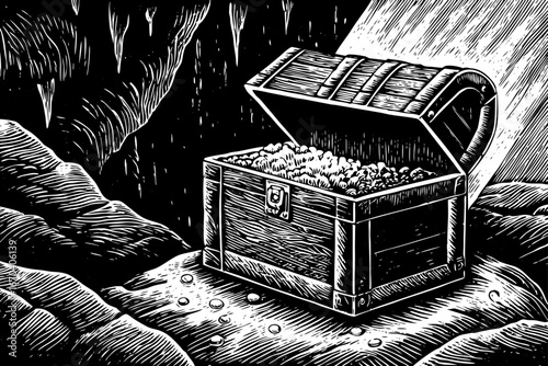 Frozen treasure chest trapped inside icy glacier with cracks showing shiny jewels and gold, dramatic black and white sketch