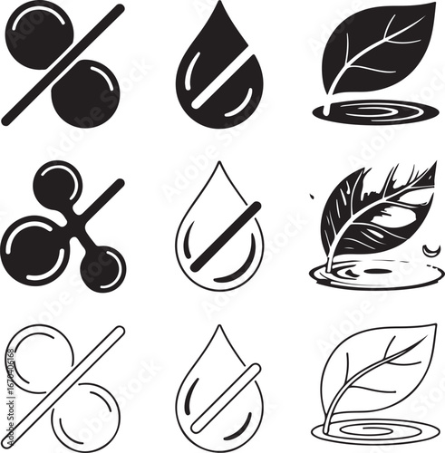 Set of nine icons representing percentage, water drop, and leaf symbols in solid and outline styles liquid