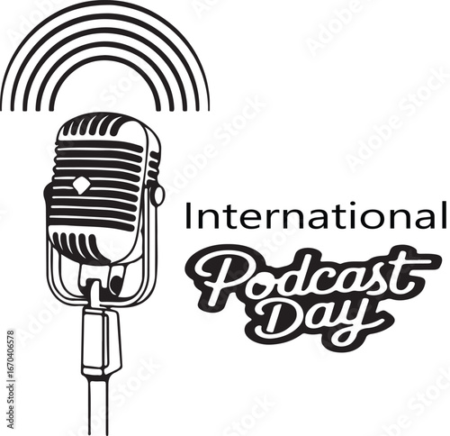 International Podcast Day Typography with Vintage Microphone and Sound Waves on Yellow Background