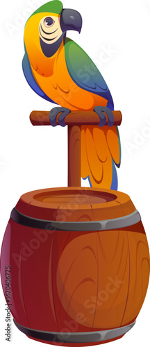 Cartoon 3D pirate game icon of parrot on rum barrel of Caribbean corsairs, vector asset. Pirate adventure arcade game accessory and corsair GUI asset of sailor parrot bird sitting on gunpowder barrel