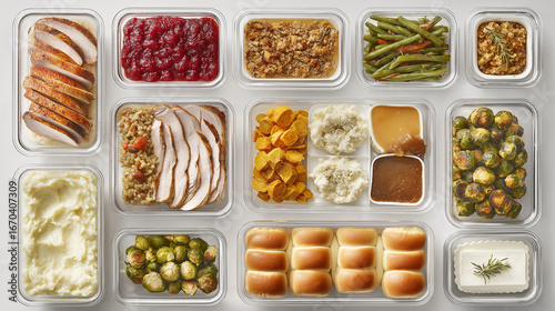 Thanksgiving dinner leftovers in glass meal prep containers.
