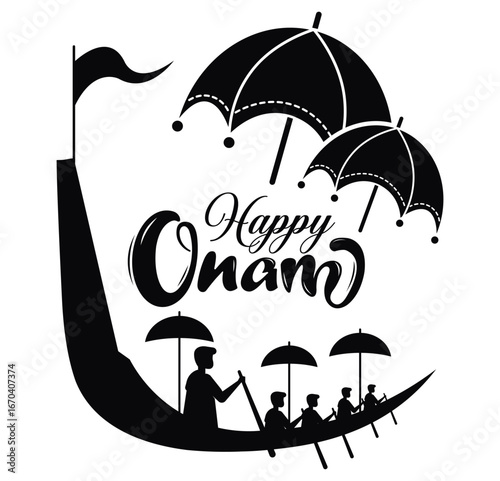 Minimalist black and white Happy Onam design featuring bold script text, traditional boat with rowers, and decorative umbrellas. Clean, flat, cultural, and festive illustration.