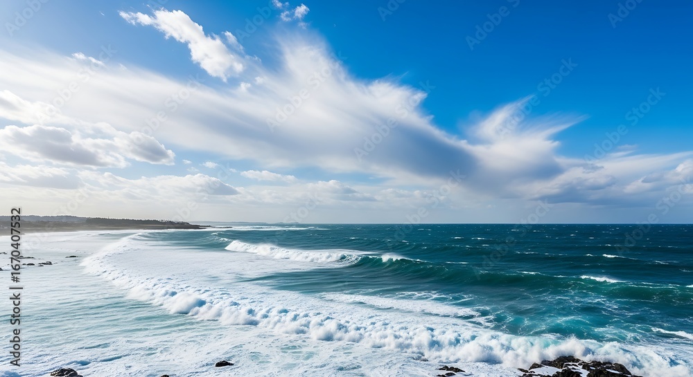 Fototapeta premium Scenic Coastal Landscape with Deep Blue Ocean, Crashing Waves, and Grassy Foreground Under Partly Cloudy Sky