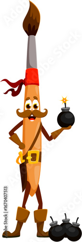Cartoon paintbrush education school stationery pirate and corsair crew character with bombs. Isolated vector nautical brush tool personage ready to raid and loot, sails the seas in search of adventure