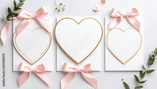 Elegant Triptych of GoldRimmed Heart Frames with Pink Satin Bows.