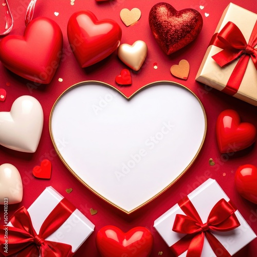 Elegant Valentines Day Mockup with GoldRimmed Heart Gifts and Confetti.