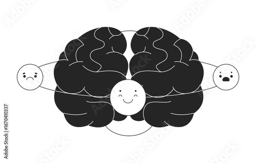 EQ brain orbiting emotions 2D line object. Human psychology. Emoticons mind intelligence emotional. Neuroscience mental health isolated clipart vector ink outline item. Monochrome spot illustration