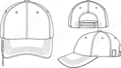 Baseball cap technical sketch, front, side, and rear views, curved brim, adjustable strap, fashion flat, vector garment illustration