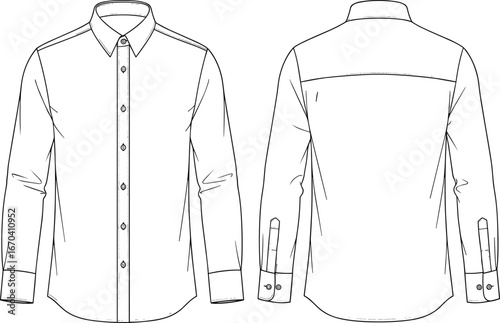 Button-up shirt sketch, front and back view, long sleeves, collar, cuffs, yoke detail, technical fashion drawing, garment design
