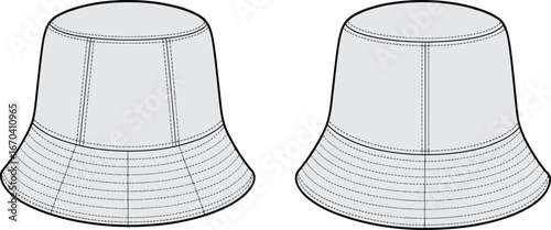 Bucket hat technical drawing, fashion silhouette, panel construction, stitching detail, apparel design, headwear vector, front view, brim detail