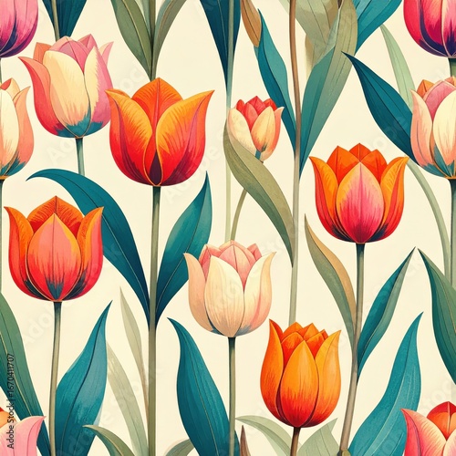 Elegant Vintage Tulip Pattern with Vibrant Red Pink and Teal Hues.