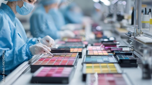 Cosmetics factory workers, wearing hairnets, gloves, and masks, inspecting eyeshadow palettes on the production line of a makeup manufacturing facility, ensuring quality and compliance