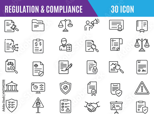 Regulation line editable icon set. conduct, law, guideline, penalty, government,  ethics, compliance, procedure, and more.