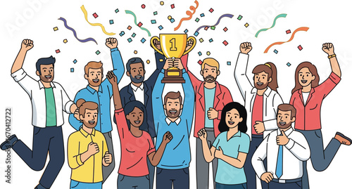 Diverse team celebrating success holding trophy award under confetti rain