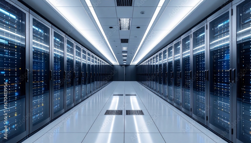 Fototapeta premium Modern Server Room with Rows of Illuminated Racks in Data Center