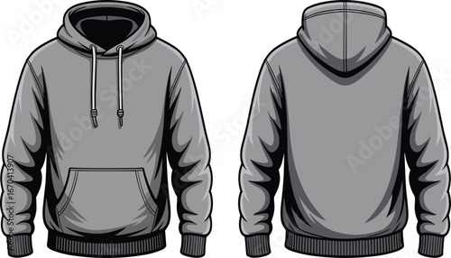 Hoodie silhouette, fashion flat sketch, front and back view, apparel design, black vector, drawstring hood, kangaroo pocket, sweatshirt