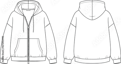 Hooded zip-up sweatshirt technical sketch, front and back views, fashion flat hoodie design, ribbed cuffs, drawstring hood, garment template