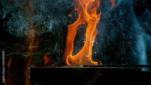 Cinematic close-up of blacksmith forging glowing hot iron on anvil with sparks flying. Shot in dramatic lighting on dark background with high-speed camera at 1000fps. Speed ramp effect.