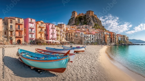 Picturesque coastal town of Cefalù, Sicily with colorful buildings, boats on the beach, and a stunning coastline view