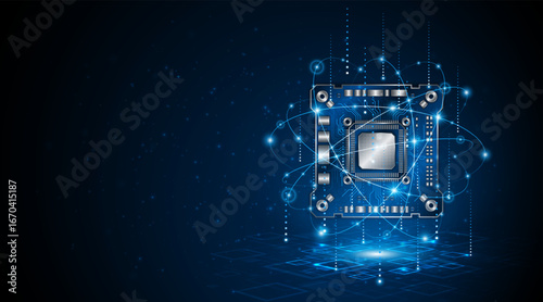 Microchip processor circuit board technology on dark blue background. Information Processing Concept. Circuit board hi-tech technology background. vector illustration	
