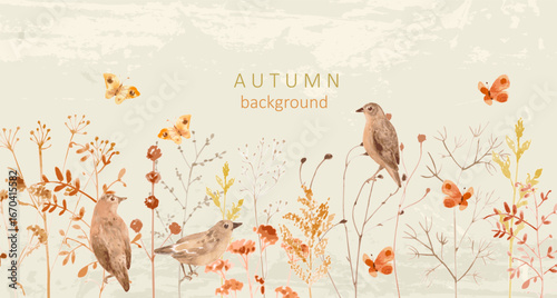 watercolor banner with border of dry brown grass, autumn wild herbs and perching little brown birds.
