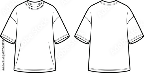 Oversized T-shirt technical sketch, front and back views, fashion flat drawing, dropped shoulder, round neck, garment vector template