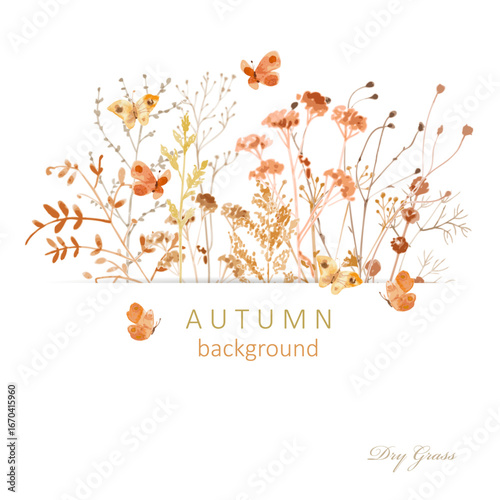 watercolor invite card with dry brown grass, autumn wild herbs and little flying butterflies