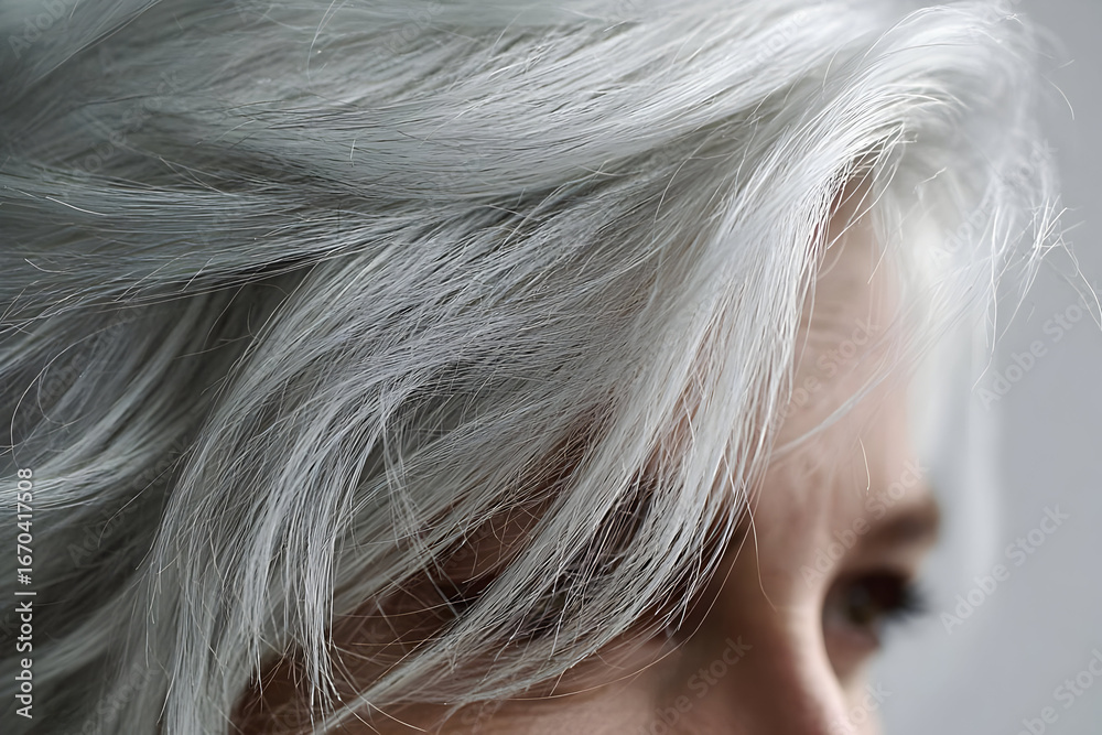 Naklejka premium Close-up of a woman with striking silver hair, showcasing a graceful and sophisticated look. The texture and shine of the hair draw attention.