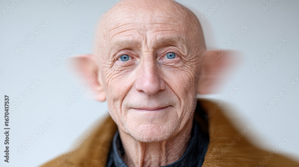 Fototapeta premium Mature man with gray hair and blue eyes, wearing a brown coat, gazes thoughtfully at the camera, set against a softly blurred background, capturing a moment of introspection and wisdom