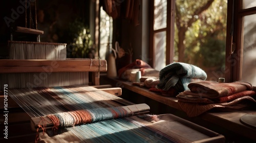 Warm sunlight streaming through a window highlights a traditional wooden loom, intricately weaving a vibrant textile in a cozy workshop, with neatly stacked finished blankets nearby