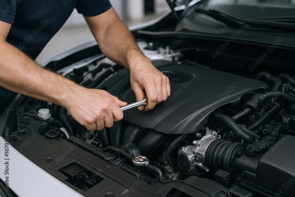 Automotive Mechanic Repairing Car Engine Bay with Wrench in Workshop - Vehicle Maintenance and Service Automotive Mechanic Repairing Car Engine Bay with Wrench in Workshop - Vehicle Maintenance and Service
