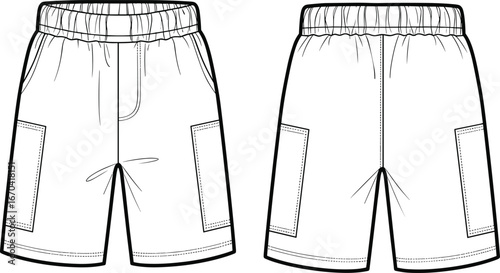 Shorts sketch, front and back view, elastic waistband, drawstring detail, side patch pockets, technical drawing, fashion illustration, garment design