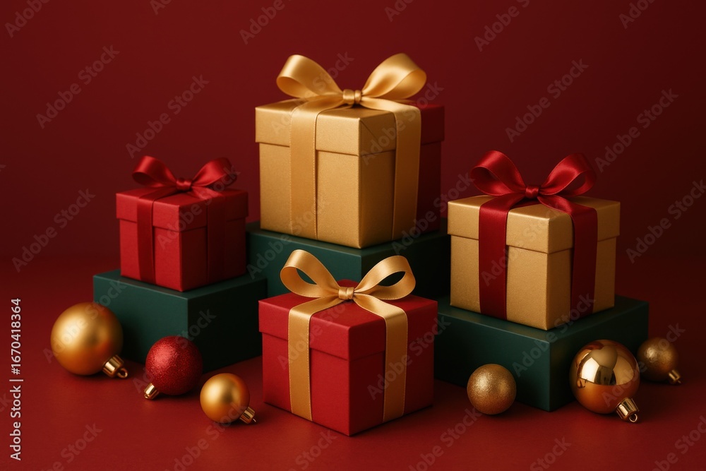 Obraz premium Festive Gift Boxes with Bows and Ornaments on a Red Background for Holiday Celebrations