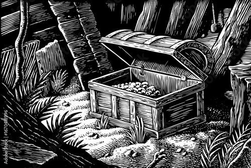 Treasure chest inside abandoned shipwreck, wooden planks broken, pearls and gems spilling out, underwater scene, black and white sketch.