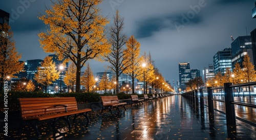 Golden Ginkgo Trees and Empty Benches on a Reflective, Rainy City Promenade at Night