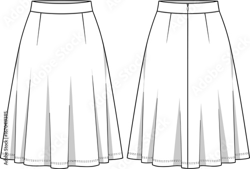 Technical fashion sketch of flared panel skirt, front and back view, pleated design, waistband detail, garment construction reference
