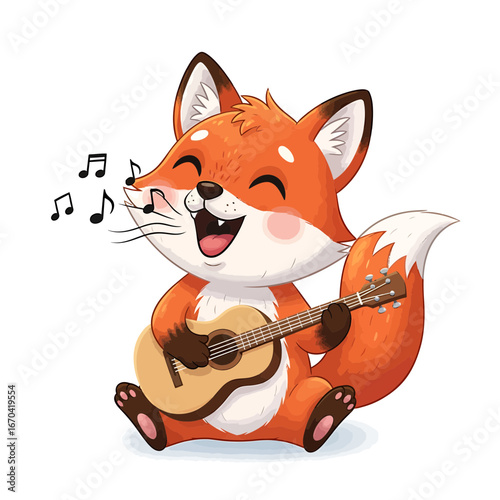 A cheerful cartoon fox plays the guitar and sings musical notes.