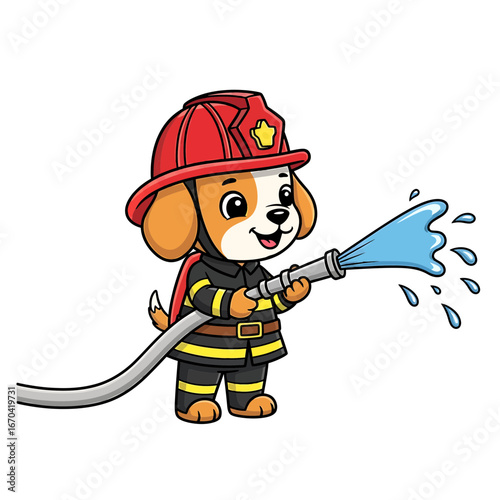 A Cute Cartoon Puppy as a Firefighter Holding a Water Hose 