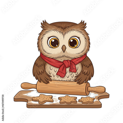 An owl making star shape cookies on cutting board with rolling pin.