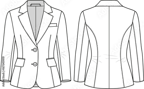 Technical fashion sketch of women’s blazer, front and back view, notched lapel, flap pockets, princess seams, garment construction reference
