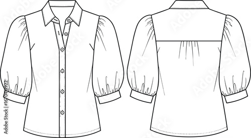 Technical fashion sketch of puff sleeve blouse, front and back view, button-down design, gathered yoke, garment construction reference