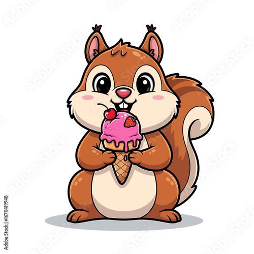 A cute squirrel cartoon enjoying a delicious ice cream cone.