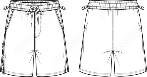 Technical sketch of casual shorts, front and back views, elastic waistband with drawstring, fashion flat, side pockets, garment template