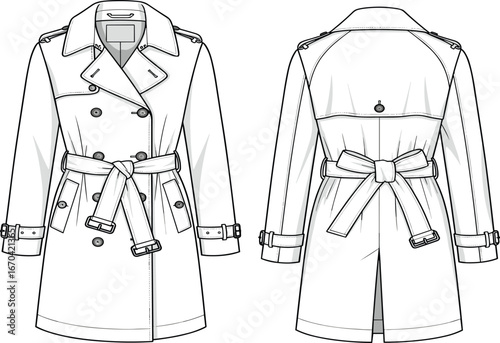 Technical sketch of trench coat, front and back view, double-breasted design, belt detail, lapel collar, garment construction reference